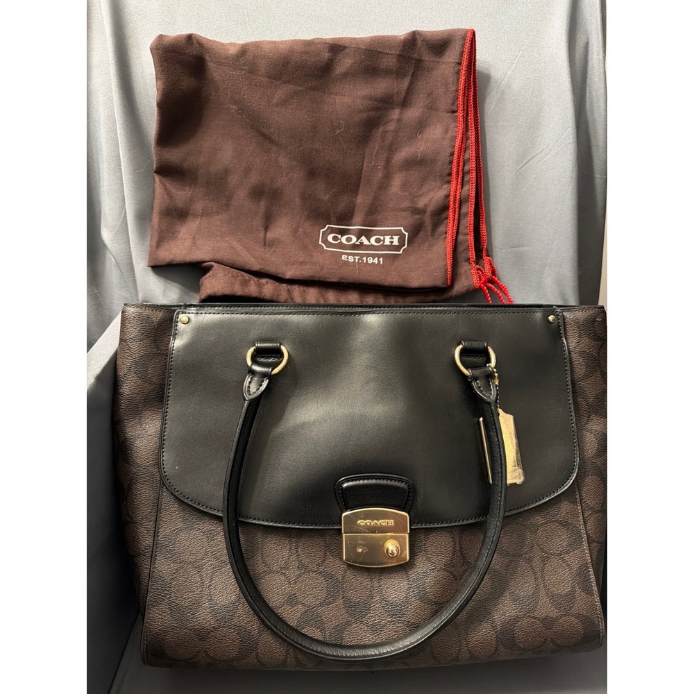 Coach Signature Monogram Tote Bag Brown Black Leather Turnlock F34603